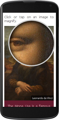 Image of the Mona Lisa being magnified using Tawesoft ® Big Picture on a smartphone